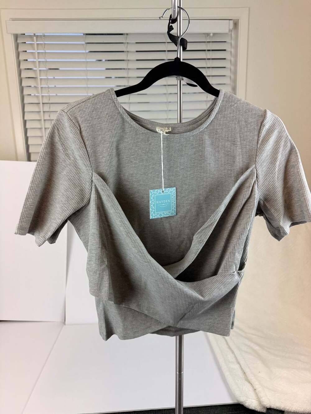 NWTHayden Los Angeles Women's Grey Ribbed Short Sleeve Crisscross Wrap Hem Top